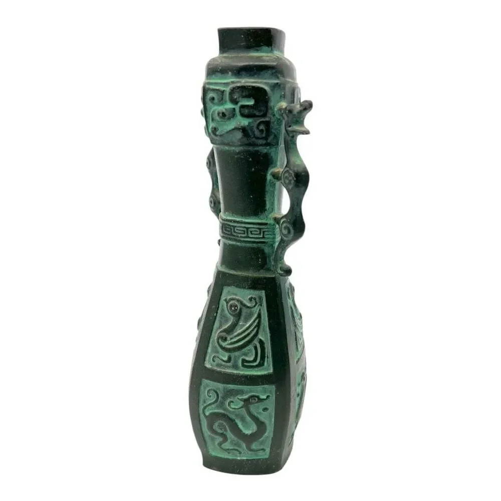 Chinese Vintage Flower Vase Kabin Ikebana Crane Zodiac Dragon Handle Talisman